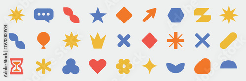 Collection of basic geometric shapes, vibrant minimal symbols, trendy isolated elements, flat vector icons for web interfaces, abstract design assets, clean pictograms pack, 