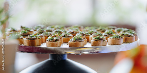 A tray of appetizers with canapes, fresh herbs, and mushrooms arranged for a buffet event.