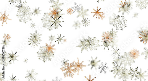 Abstract pattern of snowflakes in white, gold, and grey colors. Perfect for winter and holiday desig