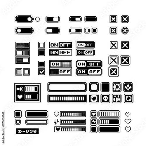 Pixel art UI buttons and toggles set in retro monochrome style, switches, checkboxes, icons, health bars and interface controls for game menus, HUD and settings systems.