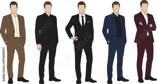 Collection of male characters in professional business suits and formal wear including tuxedo blazer and dress shirt vector.