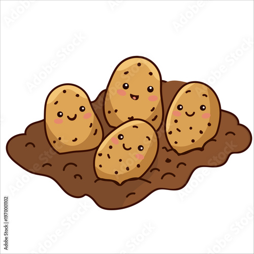 Kawaii vector illustration of four happy potatoes in a soil patch. Flat design for gardening and organic food themes