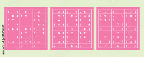 Three Pink Sudoku Puzzles on Light Green Background. Pink Sudoku Puzzle Grids – Logic Game Illustration