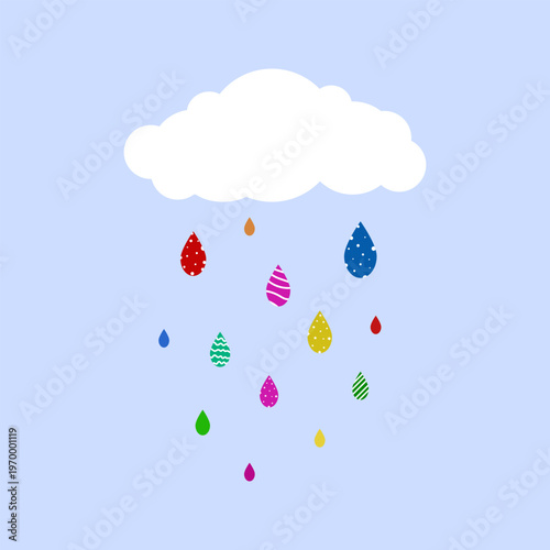 Simple cloud with multicolored raindrops in clean cartoon style. Isolated on transparent background. Suitable for nursery design, textile, prints and decorative projects.