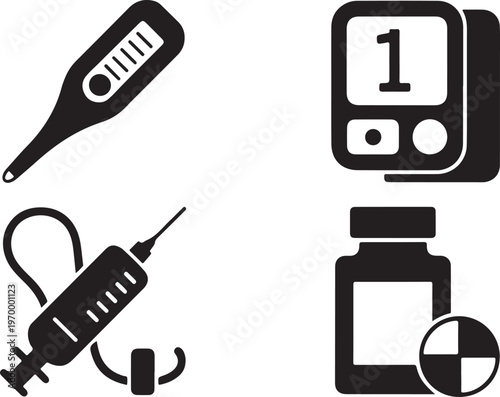 Black and white medical set syringe pill bottle capsule and dropper