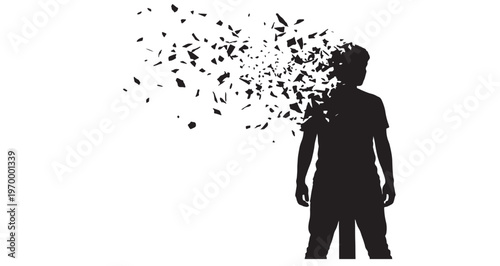 Memory Fragment Silhouette vector graphic illustration showing the black silhouette of a person whose head is disintegrating into many small shards representing mental breakdown stress loss.