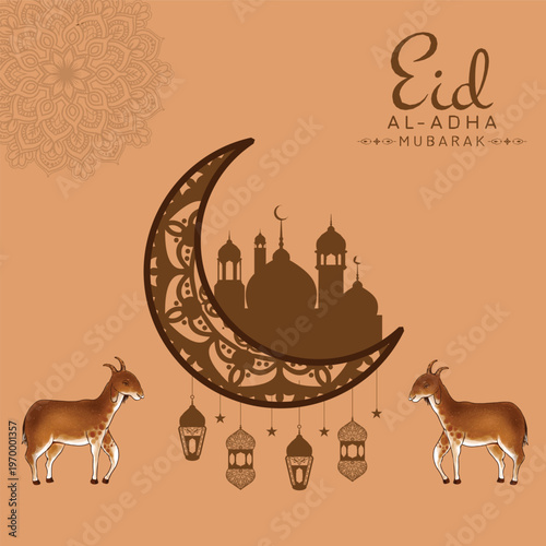 Elegant Eid al-Adha Mubarak Islamic Design with Crescent Moon Mosque Silhouette, Hanging Lanterns, Mandala Pattern and Goats on Warm Beige Background