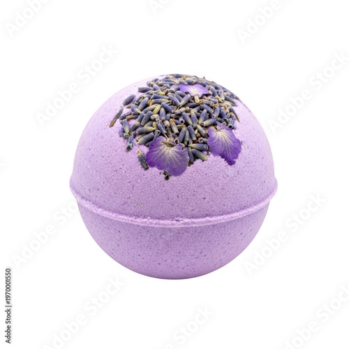 Lavender bath bomb with flowers and herbs isolated on transparent background
