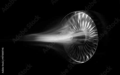 Jet engine fan blades in motion, generating blurred exhaust and a dark background