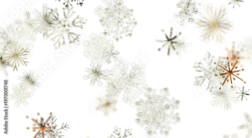 Artistic rendering of snowflakes floating against white. Perfect for winter themes, Christmas, and h