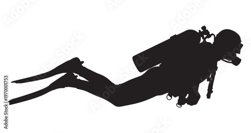 Diver Silhouette scuba diver swimming horizontally through deep water presented as a high quality black vector graphic illustration designed for extreme sports projects.