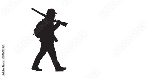 Hunter Silhouette vector graphic illustration of a determined hunter wearing a wide brimmed hat while carrying a long hunting rifle over his shoulder during a solitary walk.