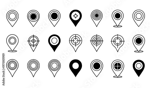 Minimalist black and white map pin icon collection with outline GPS markers and locator symbols