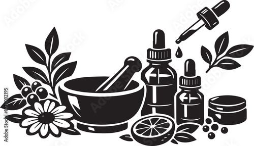 Minimal Black Monochrome Homeopathy Symbols with Herbal Leaves and Mortar Pestle Balanced Composition