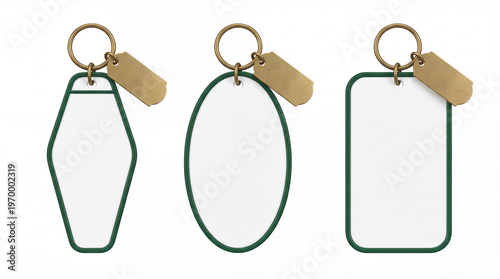 Blank keychains different shapes with metal tag and ring isolated on white background template mockup