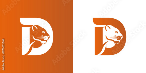 Modern logo design featuring the letter D integrated with an animal head, presented in both orange on white and white on orange color schemes.