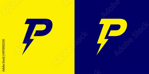 Two contrasting logos featuring a stylized letter P integrated with a lightning bolt symbol, one in blue on yellow and the other in yellow on blue, representing power and speed.