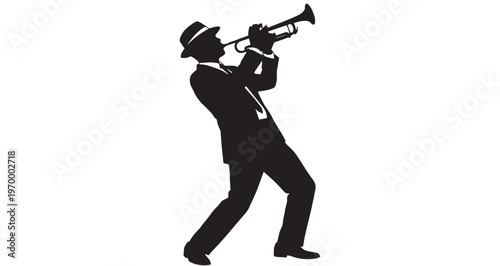 Trumpet Player Silhouette vector graphic illustration showcases a silhouetted male musician, dressed in a sharp suit and fedora, energetically playing a trumpet.