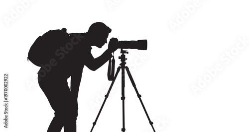 Photographer with Tripod Silhouette vector of a dedicated photographer with a backpack, focused on capturing a shot through a camera with a long telephoto lens mounted securely on a tripod.