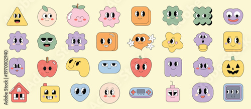 Collection of cute cartoon mascot heads, adorable character faces with playful expressions, colorful vector avatars, fun emotive designs for branding stickers logos and creative projects.