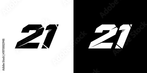 Stylized number 21 logo design with fragmented text effect in black and white versions.