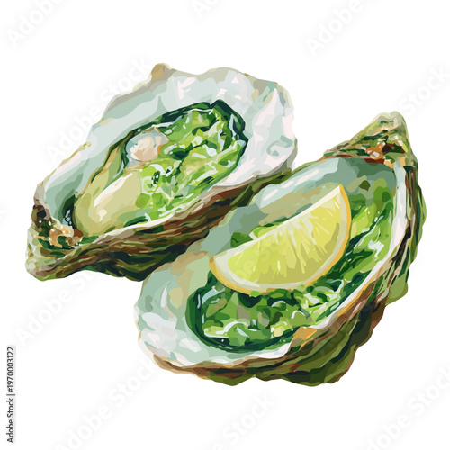 Flat-design 2D vector artwork of a Oysters Rockefeller, styled as an icon and isolated against white background