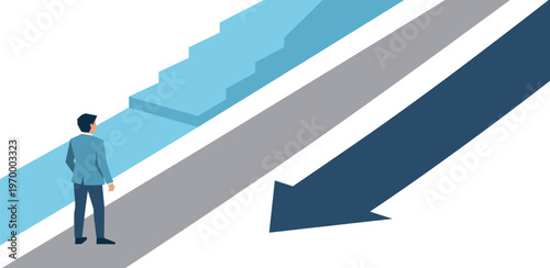 A businessman standing at a crossroads, contemplating two paths leading to success and failure