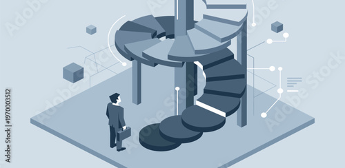 Abstract isometric representation of a businessman facing a complex spiral staircase, illustrating the steps and challenges in professional growth and career progression
