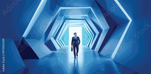 Ambitious businessman stands at the base of a towering staircase, looking up with determination, symbolizing the challenging path to career success and personal growth