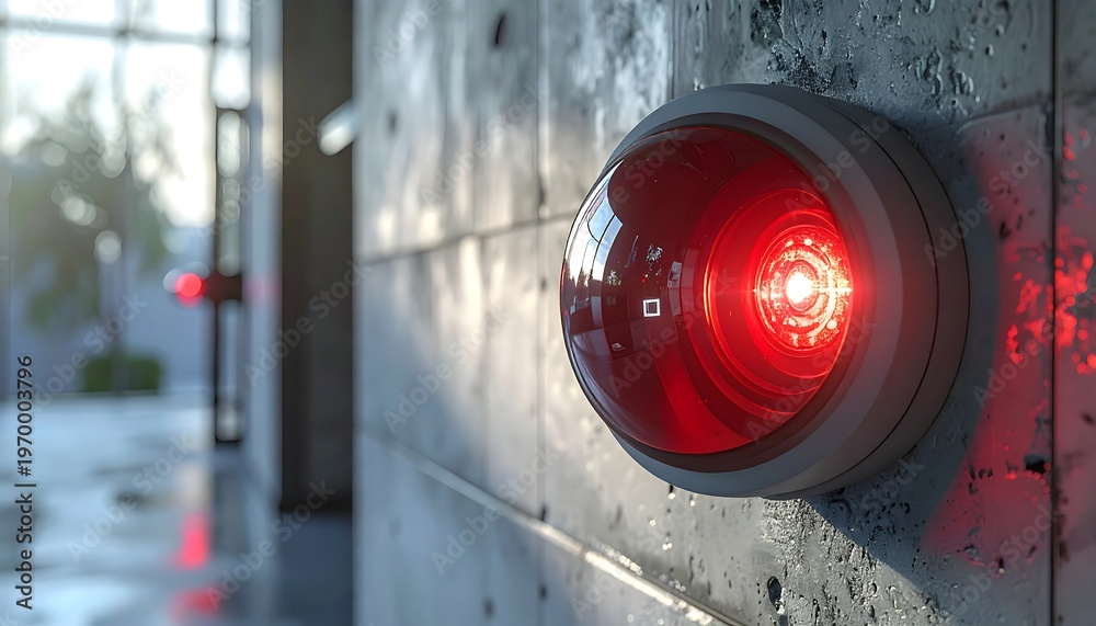 © Beras - Red dome light mounted on concrete wall; blurred exterior background