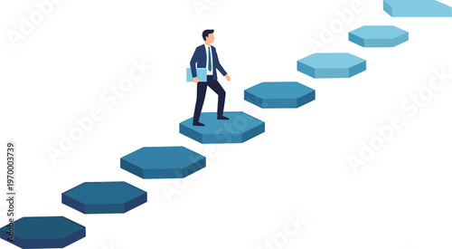 A determined businessman stands before a vibrant, circular portal, symbolizing the gateway to new opportunities, advanced technological frontiers, and a transformative journey into the future