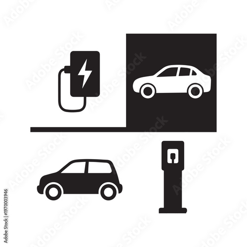 Electric Vehicle Charging Station Icon Set Featuring Modern Sedan and Power Supply. 