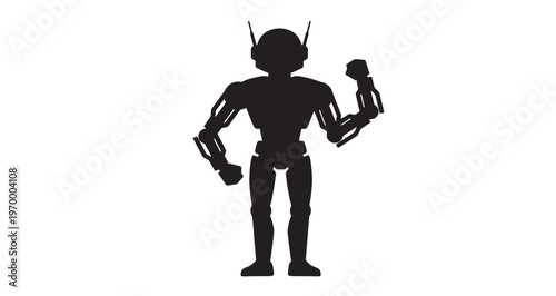 Robot Silhouette vector graphic illustration of a standing mechanical robot character showing an arm muscle pose for modern technology branding projects that require sleek black silhouette.
