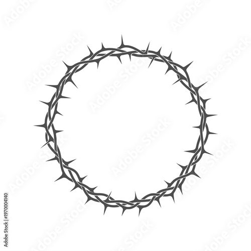 Crown of thorns graphic badge. Circle frame from plant branches with thorns. Wreath symbol. Vector illustration