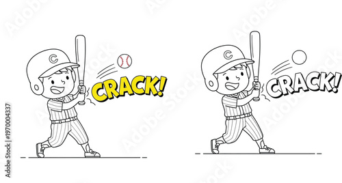 Coloring page for kids featuring a cute boy playing baseball, hitting a home run with a bat and ball, cartoon character line art illustration for educational activities and sports fun.