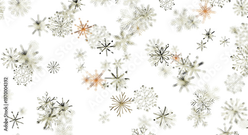 Abstract pattern of snowflakes in shades of white and gold, great for backgrounds and winter designs