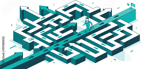 Executive finding the optimal, straightforward path through a complex business labyrinth, symbolizing smart problem-solving and efficient strategy for success