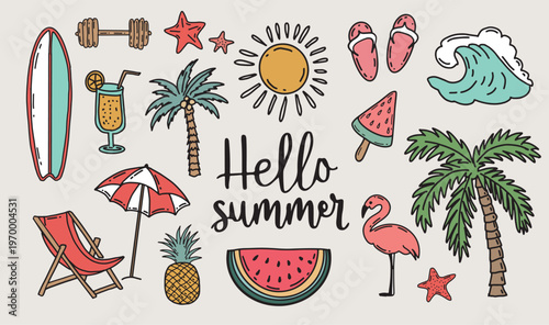 Hand drawn summer doodle collection with beach items and sunny elements on white background