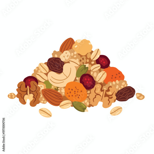 A pile of mixed nuts, seeds, and dried fruit