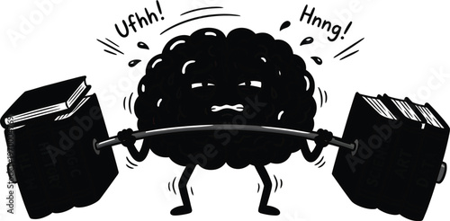 Cartoon brain lifting heavy books with effort and strain expression
