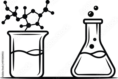 Black line drawing of beaker and flask with molecule