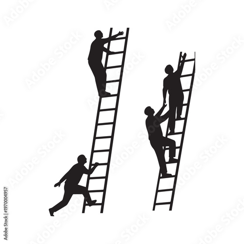 Ladder Safety Silhouette Showing Men Climbing and Falling From Height at Construction Site. 