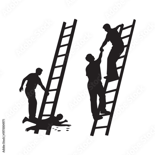 Ladder Safety Silhouette Showing Men Climbing and Falling From Height at Construction Site. 