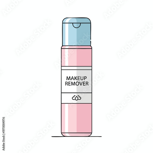 Pink bottle with blue cap, labeled "Makeup Remover," featuring cotton symbol