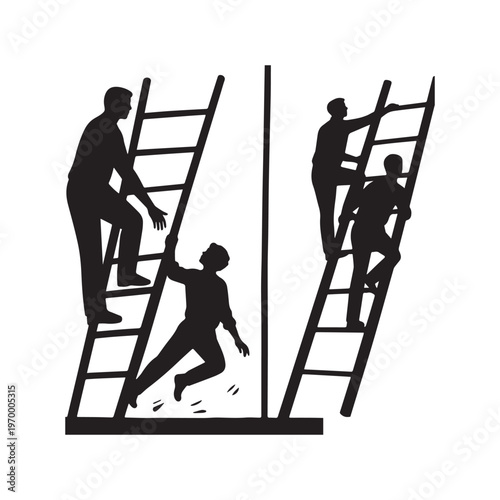 Ladder Safety Silhouette Showing Men Climbing and Falling From Height at Construction Site. 