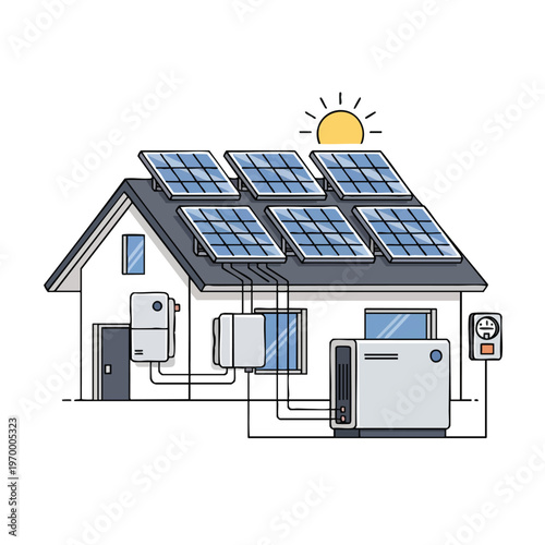 House with solar panels, battery, and inverter system, powered by sun