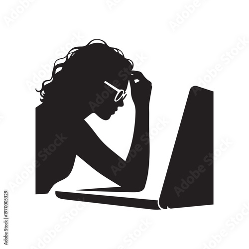 Stressed Business Woman Silhouette Working on Laptop and Adjusting Glasses at Desk.