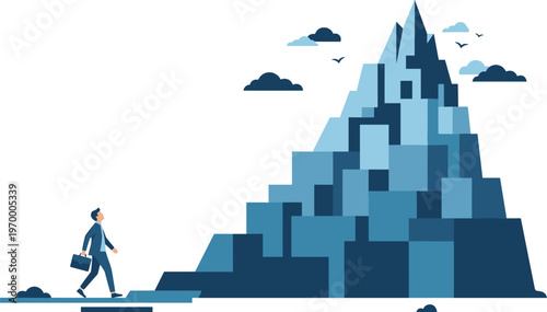 Businessman navigating a complex hexagonal data structure, symbolizing strategic foresight, technological advancement, and the intricate challenges of modern business growth and innovation