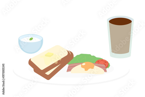 アイスコーヒーとヨーグルト付きの洋食のモーニングセット