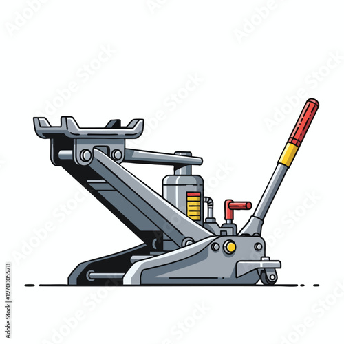 Detailed illustration of a grey hydraulic bottle jack with a red and yellow lever on a white background